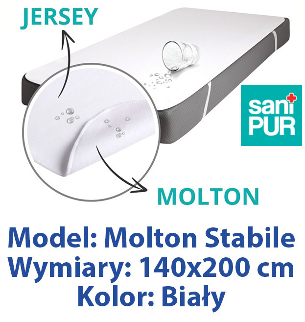 SANIPUR  Podkład higieniczny- MOLTON STABILE, Biały, 140x200 cm, jersey dwustronny, nieprzemakalny, z mocowanymi gumkami w czterech rogach  (TS0114_0401)