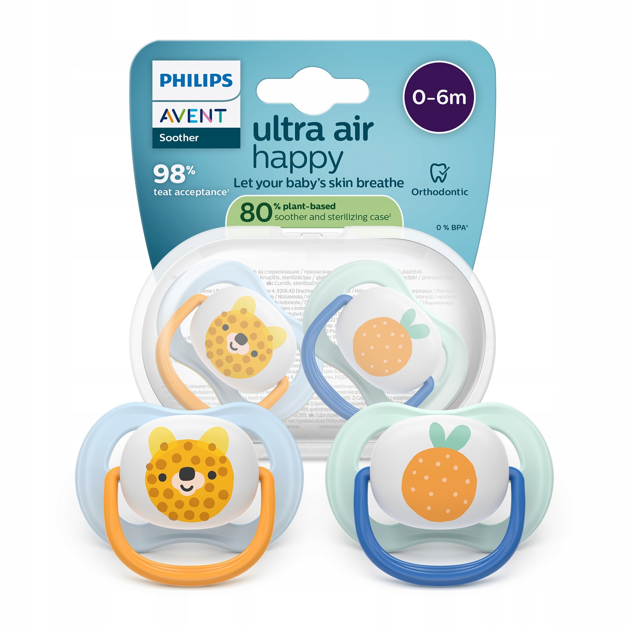 AVENT  Smoczki do uspokajania ULTRA AIR HAPPY Tygrys/Jabłko  0-6m  2szt   (080/23)