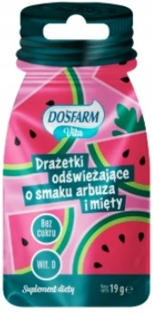 DOSFARM VITA Drażetki odświeżające bez cukru o smaku mięta- arbuz z witaminą D3. Saszetka z zapięciem strunowym  19g (k=15)