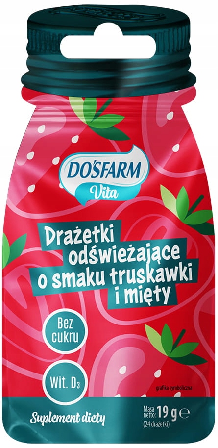 DOSFARM VITA Drażetki odświeżające bez cukru o smaku mięta- truskawka z witaminą D3. Saszetka z zapięciem strunowym  19g (k=15)