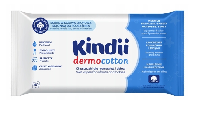 KINDII  Chusteczki dla niemowląt i dzieci Dermo Cotton 40 szt     (k=24)