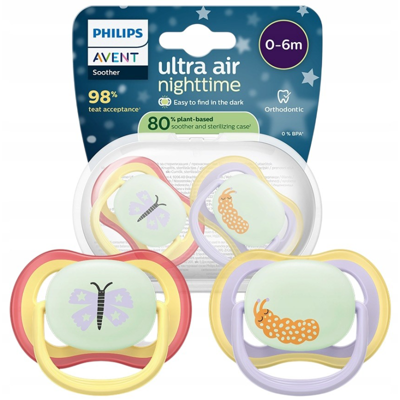 AVENT  Smoczki do uspokajania ULTRA AIR NIGHT  Motyl/Robaczek  0-6m  2szt   (376/25)   (k=6)