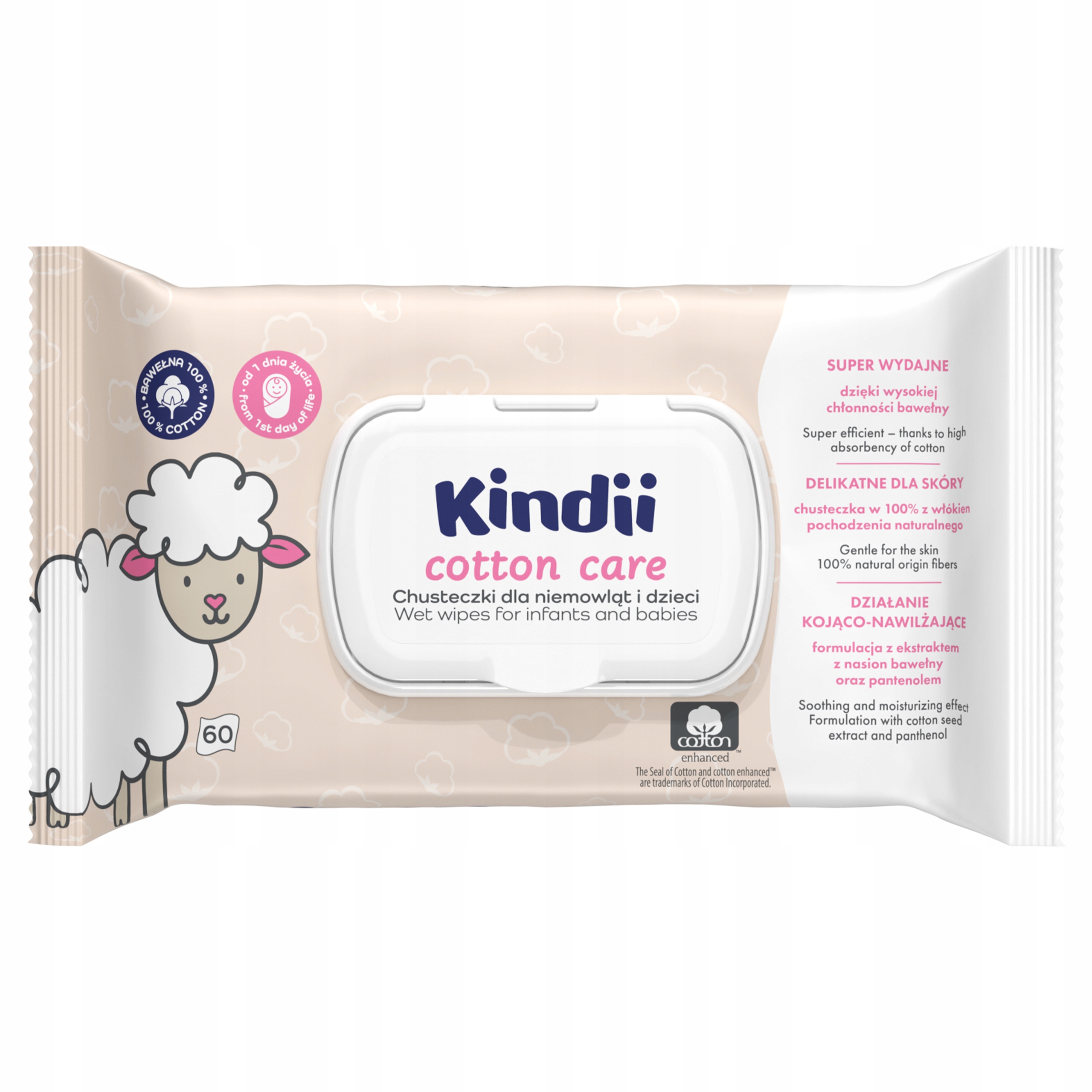 KINDII  Chusteczki dla niemowląt i dzieci Cotton Care 60 szt     (k=12)