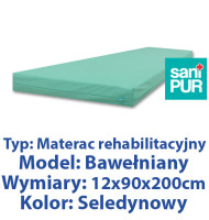 SANIPUR  Materac rehabilitacyjny 1-cz. Ścier- oddych., roz.12x90x200cm - w pokrowcu ścieralnym z listewką T 25 - rolowany, seledynowy (TS0209_0333)  (k=4)