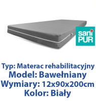 SANIPUR  Materac rehabilitacyjny 1-cz. Bawełniany roz. 12x90x200 cm - w pokrowcu w różnych kolorach i wzorach T 25 - rolowany, biały  (TS0208_03)  (k=4)